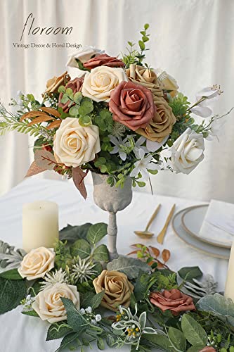 Artificial Flowers 25pcs Real Looking Burnt Orange Ombre Colors Foam Fake Roses with Stems for DIY Wedding Bouquets Bridal Shower Centerpieces Floral Arrangements Party Tables Home Decorations (25 Count)
