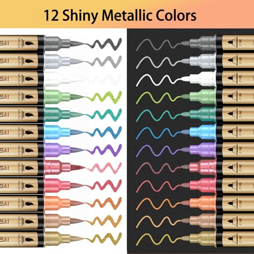 12 Colors Dual Tip Metallic Acrylic Paint Marker pens with Brush & Fine (12 Count)
