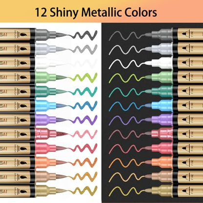 12 Colors Dual Tip Metallic Acrylic Paint Marker pens with Brush & Fine (12 Count)