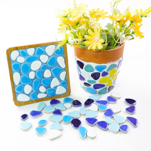 454g (1 LB) Bulk Mosaic Tiles for Crafts Mini Pebbles Ceramic Tile for Crafts Mosaic Supplies, Petal Irregular Broken Tiles for Mosaics Making Art Craft Blue Blue Mix (OP200) (220 Count)