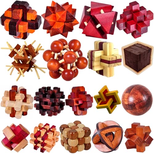 18 Pack Large Wooden Brain Teaser Puzzles Wooden Burr Puzzles Brain Teaser Puzzle with Gift Packing Box Magic Puzzle Games Toys Stocking Stuffers Party Favors for Kids and Adults (18 Count)