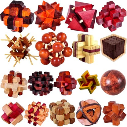 18 Pack Large Wooden Brain Teaser Puzzles Wooden Burr Puzzles Brain Teaser Puzzle with Gift Packing Box Magic Puzzle Games Toys Stocking Stuffers Party Favors for Kids and Adults (18 Count)