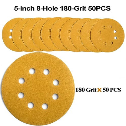 5-Inch 8-Hole Hook and Loop Sanding Discs 180-Grit, 50-Pack (50 Count)
