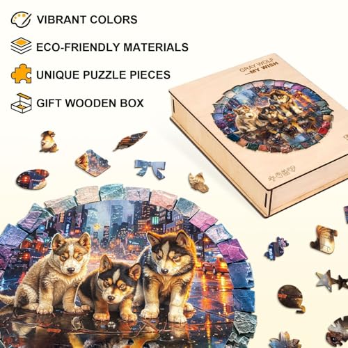 Puppies Puzzles Dog Neon Mosaic Creative Shaped City Nightscape Round Puzzle Adults Gifts for Women Men Wooden 100 Pieces 8.5 * 8.5in