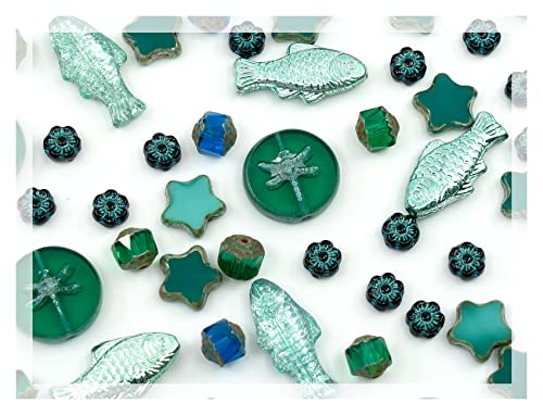 2.1oz (60g) of Glass Focal Bead Mix with Flowers, Table-Cut and fire Polish Czech Beads, PG Green (2.1164 Ounce)