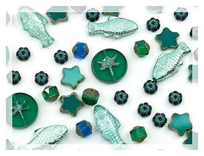 2.1oz (60g) of Glass Focal Bead Mix with Flowers, Table-Cut and fire Polish Czech Beads, PG Green (2.1164 Ounce)