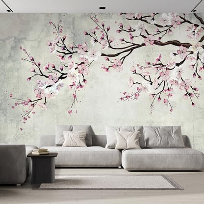 Wall Sticker Wall Mural Watercolor Style Ink Painting Pink Cherry Blossom on Vintage
