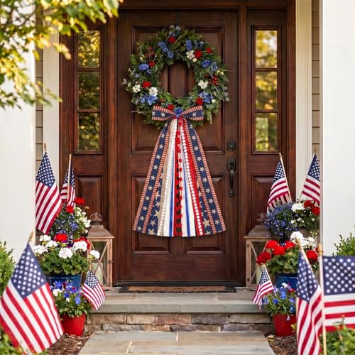 Large Patriotic Star Ribbon Bow for Wreath