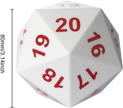Large D20 Foam DND Dice, 80mm Spindown D&D RPG 20 Sided Dice with Drawstring Bag for Role Playing Games （White ）