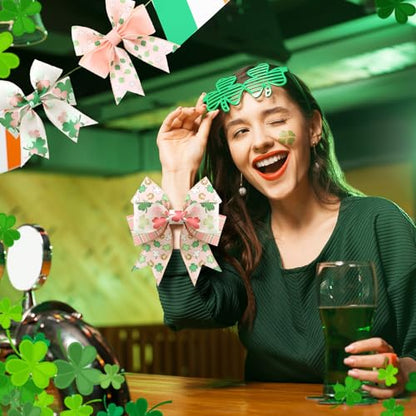 12 Rolls St Patrick's Day Wired Edge Ribbon Lucky Charm Pink Shamrock Print Clover Fabric Grosgrain Wrapping Ribbon for Bow Wreath Party Home Decor 12 Styles (12 Count)