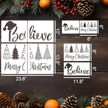 Merry Christmas Stencils for Crafts Reusable Christmas Stencils for Door Mats Believe Holiday Stencil for Painting on Wood Fabrics Porch Hanger Decor (8 Count)