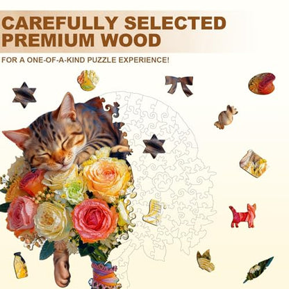 Cat Flower Bouquet Puzzles Adults Gifts Wooden 205 Pieces 13.4 * 12.0in (205 Count)
