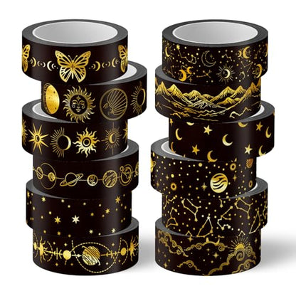 12 Rolls Gold Foil Galaxy Washi Tape Black Gold Sun Moon Star Masking Tape Set Decorative Wrapping Paper Tapes for Scrapbook Journal DIY Art Crafts (12 Count)
