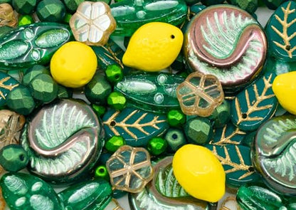 2.1oz (60g) of Focal Czech Glass Bead Mix with Lemon Shaped Beads, Seashel Beads and Leaf Beads, Emerald (2.1164 Ounce)
