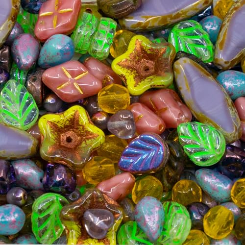 1.4oz (40g) Limited Mix of Czech Glass Beads, Hand Made Set Kit, Purple Spindl Yellow Petunia Glass Beads Mix 001