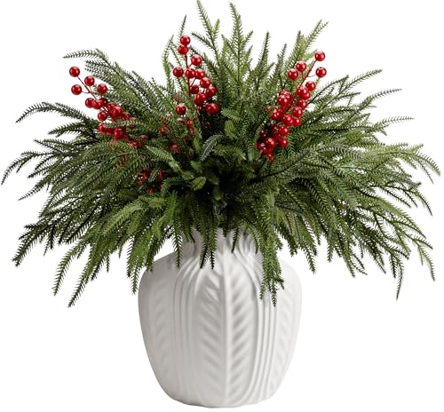 25 Pcs Christmas Norfolk Pine Branches Red Berry Stem Faux Christmas Sprigs (25 Count)