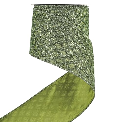 Glitter Moss Green Diamond Wired Christmas Ribbon 4" x 10 Yds (30 Foot)