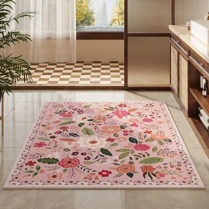 Area Rug 4x6 Rug Washable Boho Rugs Non Slip Low Pile Floral Small Carpet for Bedroom