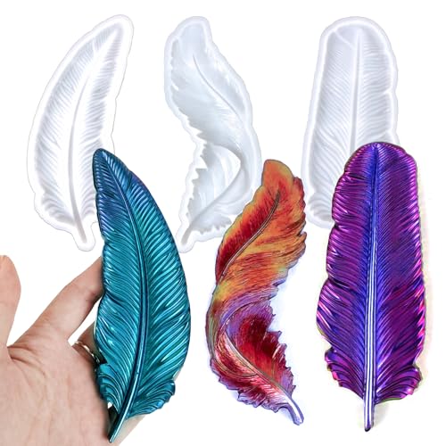3PCS Feather Resin Mold 3D Feather Shape Silicone Molds for Epoxy Resin Casting Concrete Wall Hanging Keychain Jewelry Pendant Decor Mould DIY Art Craft Halloween Christmas Home Decor