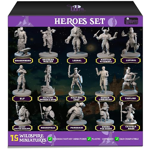 Hero, Player-Character, NPC DND Miniatures, 28mm32mm Unpainted D&D Minis Dungeons & Dragons Figures D D Bulk Pathfinder Fantasy Tabletop Fantasy Minis Set (15 Count)