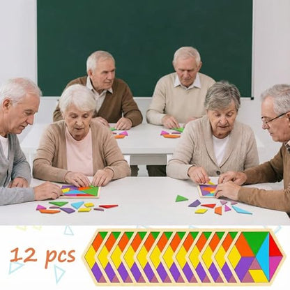 12 Pack Tangrams Wooden Puzzles Tangrams Set f Shape Puzzles Brain Logic Blocks for Games Educational Gifts for Adults Students (12 Count)