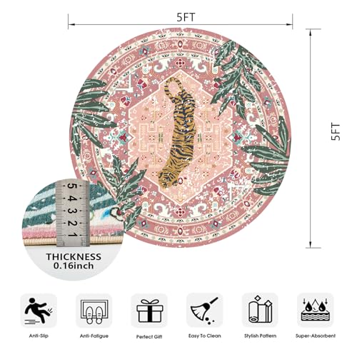 Washable Pink Rugs Thin Oriental Boho Vintage Cute Tropical Leopard 5ft Round Area Rugs for Bedroom Kitchen Dining Living Room Office Indoor Entryway Distressed Nursery Circle Carpet (19.67 Sq Ft)