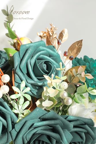 Artificial Flowers 25pcs Real Looking Dark Teal Foam Fake Roses with Stems for DIY Wedding Bouquets Bridal Shower Centerpieces Floral Arrangements Party Tables Home Decorations (25 Count)