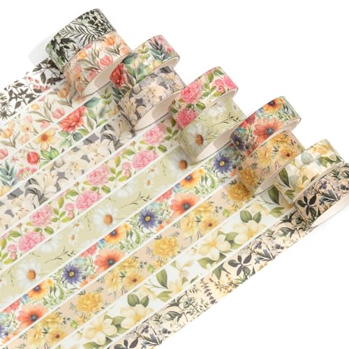 10 Rolls Blooming Flowers Washi Tape Set Floral Arts Adhesive Tapes Colorful Garden Decorative Masking Tape Sets for Craft (10 Count)
