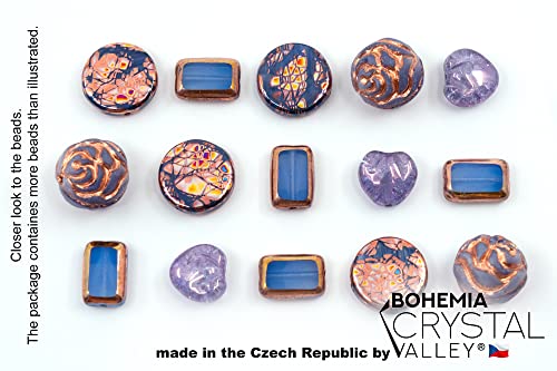 2.1oz (60g) of Glass Focal Bead Mix with Roses, Table-Cut and Cracked Czech Beads, PG Blue Copper Violet (2.1164 Ounce)