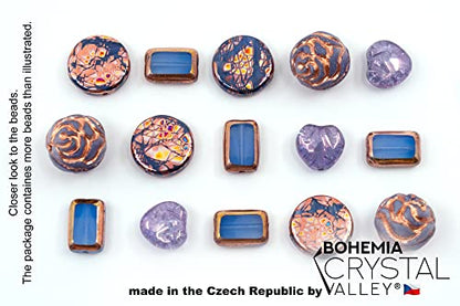 2.1oz (60g) of Glass Focal Bead Mix with Roses, Table-Cut and Cracked Czech Beads, PG Blue Copper Violet (2.1164 Ounce)