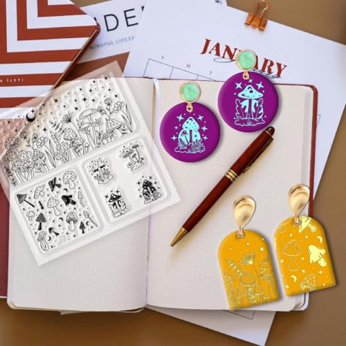 Polymer Clay Texture Sheet Mushrooms Silicone Texture Stamp Stars Flowers Clay Texture Mat Modeling Pattern Pad Polymer Clay Tools for Jewelry Earring Making DIY Craft