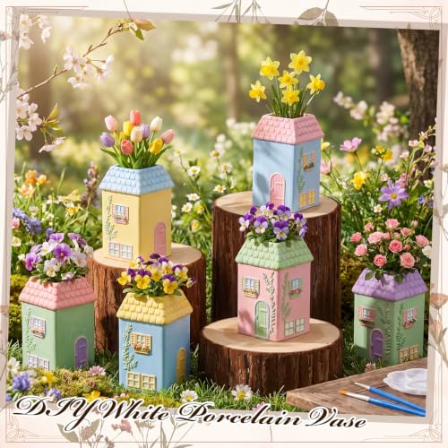 6 Pcs Ceramic House Vases Back to School Painting Kit Bisque Ready to Paint (6 Count)