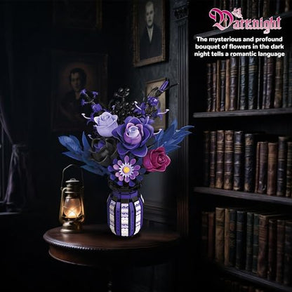 Flowers Bouquet Building Set Roses Purple Botanical Collection Gothic Gifts for Mothers Day for Women Adults Girls 14+ Home Office Decor
