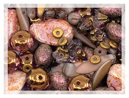 2.1oz (60 g) Mix of Unique Czech Bohemia Glass Pressed Beads, Matte and Glossy, Hand Made, Antique Copper Pink (2.1164 Ounce)