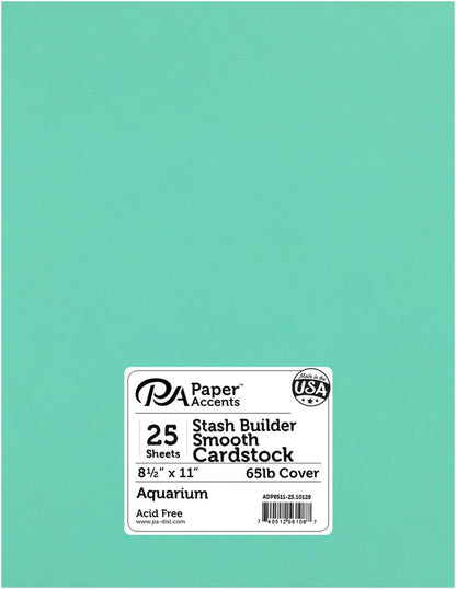 PA Paper Accents Stash Builder Cardstock 8.5" x 11" Aquarium, 65lb colored cardstock paper for card making, scrapbooking, printing, quilling and crafts, 25 piece pack