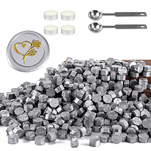 360 Pcs Silver Octagon Sealing Wax Beads for Wax Seal Stamp with 4 Candles and 1pcs Melting Spoon (360 Count)