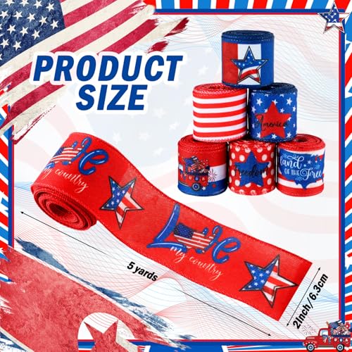 12 Rolls 60 Yards Memorial Day Ribbon Stars and Stripes Burlap Wired Edge Ribbon White Blue Red Crafts for 4th of July 250th Anniversary Patriotic Independence Day Gift Wrapping DIY Bow Craft (12 Count)