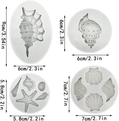 4 PCS Marine Theme Cake Fondant Silicone Mold Seashell Conch Starfish Baking Molds for DIY Cake Decoration Chocolate Candy Polymer Clay Crafting Projects