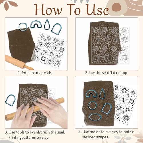 Sun Moon Stars Polymer Clay Texture Sheets Silicone Texture Stamp Clay Texture Mat Modeling Pattern Pad Texture Sheets for Jewelry and Clay Earrings Tools
