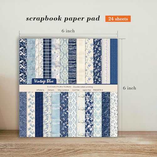 6 Inch Blue Floral Aesthetic Scrapbooking Paper Pad (24 Count)