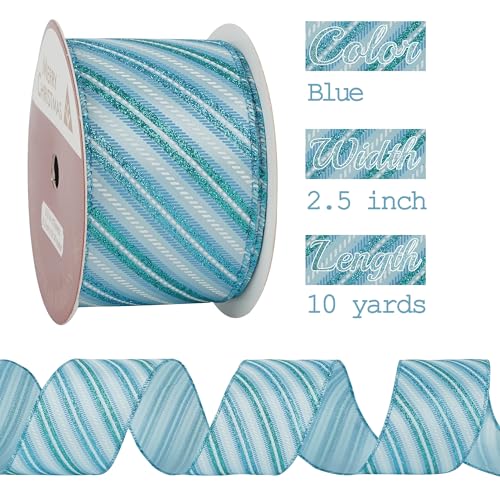 Blue Diagonal Stripe Ribbon 2.5 Inch Blue Satin with Turquoise and Teal Glitter Wired Ribbon for Wreath Bow (30 Foot)