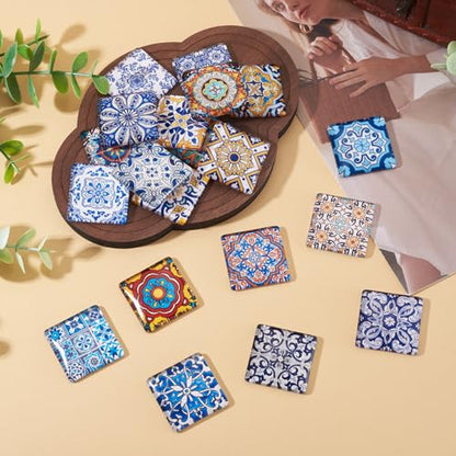 20Pcs 30mm Square Glass Cabochons Flower Printed Mosaic Tile Glass Cabochon Vintage Flower Floor Dome Cabochon for Photo Pendant Earrings Necklace Bracelet Keychain Rings Jewelry Making