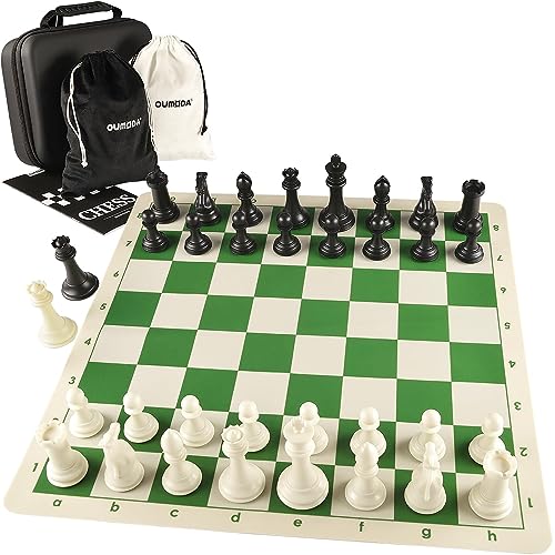 4" King Tournament Chess Set Foldable 20" Silicone Chess Board Mat with 2.2" Squares Green Color