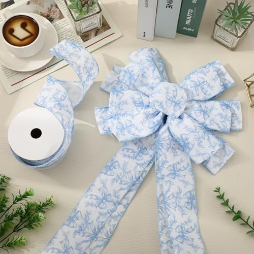 Blue Floral Bow Wired Edge Ribbon Chinoiserie Flower Bowknot Fabric Ribbon for DIY Crafts Wreath Bow Making Supplies