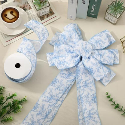 Blue Floral Bow Wired Edge Ribbon Chinoiserie Flower Bowknot Fabric Ribbon for DIY Crafts Wreath Bow Making Supplies
