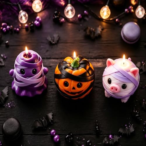 3Pcs 3D Halloween Silicone Molds Pumpkin Ghost Pig for Candle Resin Soap (3 Count)