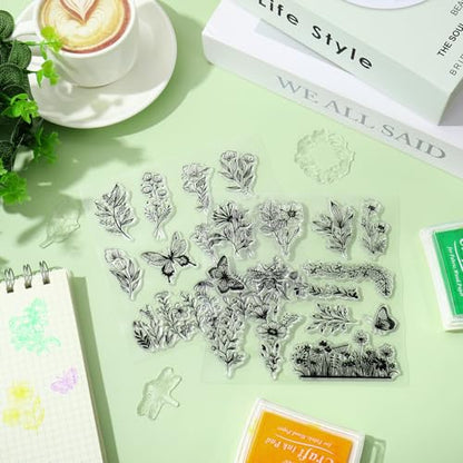5 Sheets Wildflower Clear Stamps Floral Leaves Butterfly Silicone Transparent Stamps for DIY Craft Card Making Scrapbooking Embossing Album Decor (5 Count)