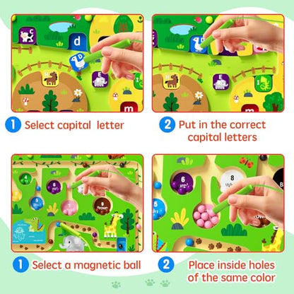 2 in 1 Magnetic Color and Number Maze Magnet Alphabet Counting Double Sided Board Wood Puzzle Fine Motor Skills Montessori Preschool Toys Gifts for Boys and Girls 3