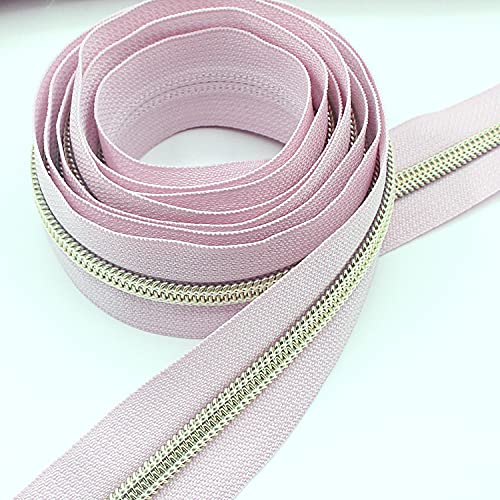 5 Metallic Nylon Coil Zippers by The Yard Bulk 10 Yards Light Gold Teeth Zipper Pink Tape with 25pcs Gold Sliders for DIY Sewing Tailor Craft Bag