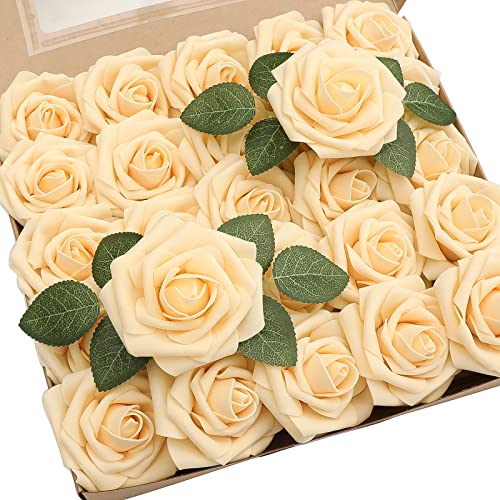 Artificial Flowers 50pcs Real Looking Creamy Yellow Foam Fake Roses with Stems for DIY Wedding Bouquets Bridal Shower Centerpieces Floral Arrangements Party Tables Home Decorations (50 Count)